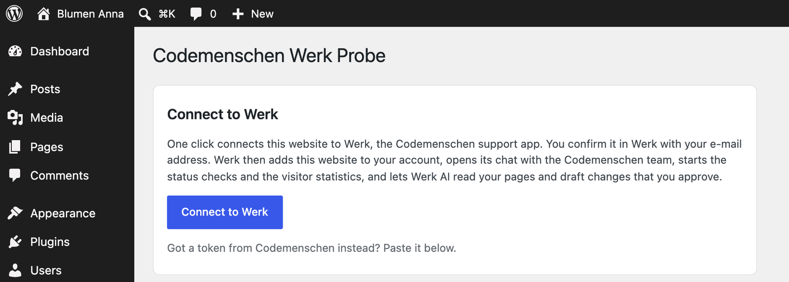 The Connect to Werk button in WordPress