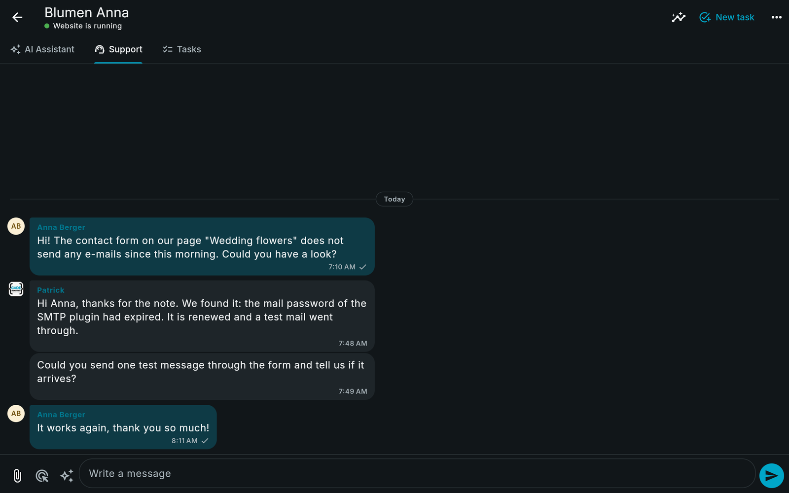 The support chat of a website in Chat Werk
